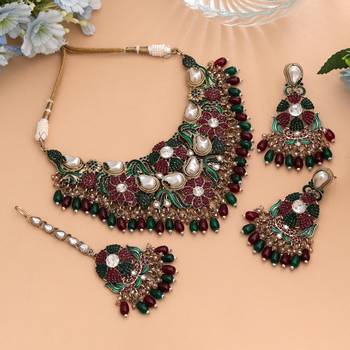 Classic maroon & green color turkish kundan necklace set created for festivities 2