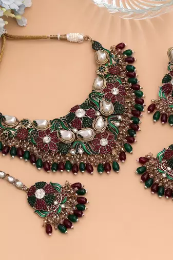 Classic maroon & green color turkish kundan necklace set created for festivities