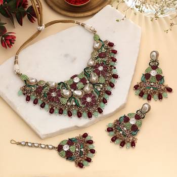 Rich maroon & light green color turkish kundan necklace set for celebrations 1