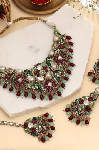 Rich maroon & light green color turkish kundan necklace set for celebrations