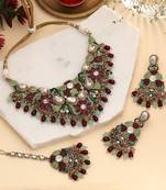 Rich maroon & light green color turkish kundan necklace set for celebrations
