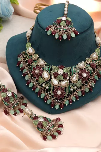 Rich maroon & light green color turkish kundan necklace set for celebrations