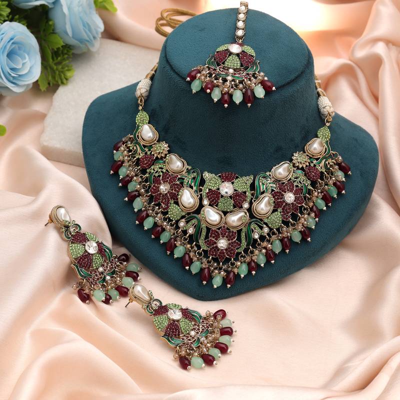 Rich maroon & light green color turkish kundan necklace set for celebrations
