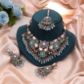 Charming light pink & rama green color turkish kundan necklace set for functions 1