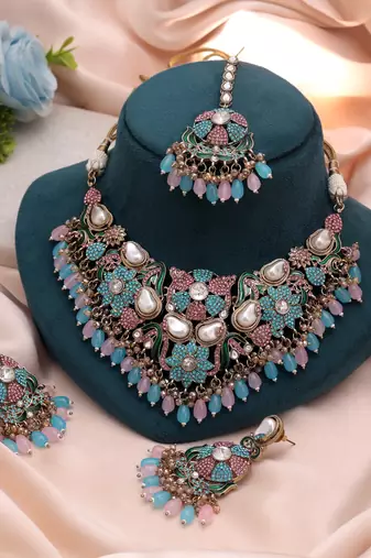 Charming light pink & rama green color turkish kundan necklace set for functions