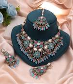 Charming light pink & rama green color turkish kundan necklace set for functions