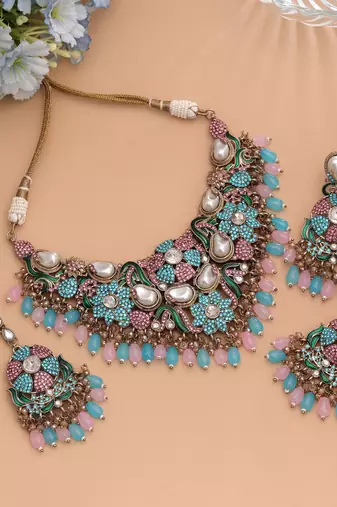 Charming light pink & rama green color turkish kundan necklace set for functions