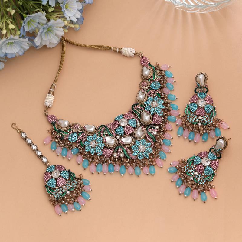 Charming light pink & rama green color turkish kundan necklace set for functions