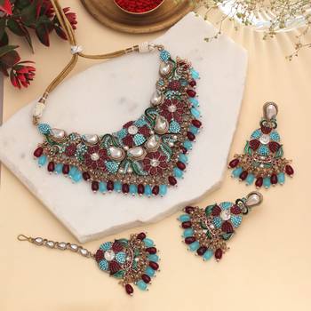 Deep maroon & rama green color turkish kundan necklace set for weddings 1