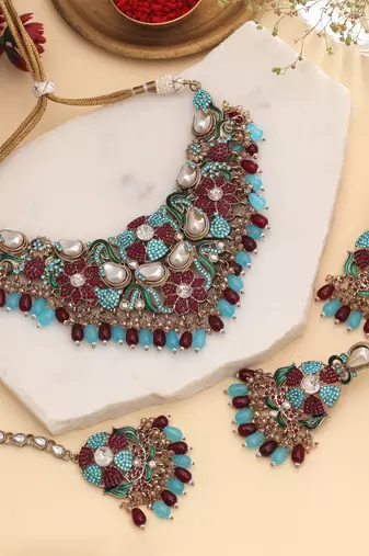 Deep maroon & rama green color turkish kundan necklace set for weddings