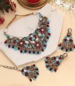 Deep maroon & rama green color turkish kundan necklace set for weddings
