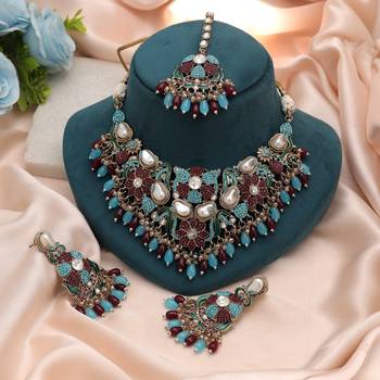 Deep maroon & rama green color turkish kundan necklace set for weddings 2