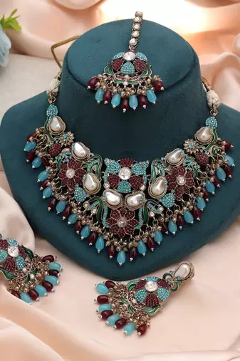 Deep maroon & rama green color turkish kundan necklace set for weddings