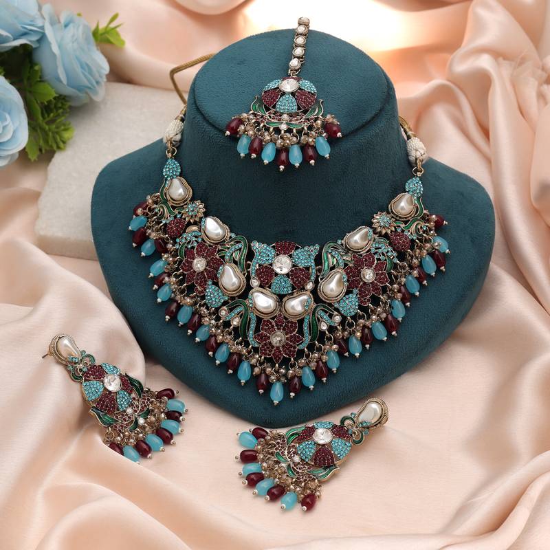 Deep maroon & rama green color turkish kundan necklace set for weddings