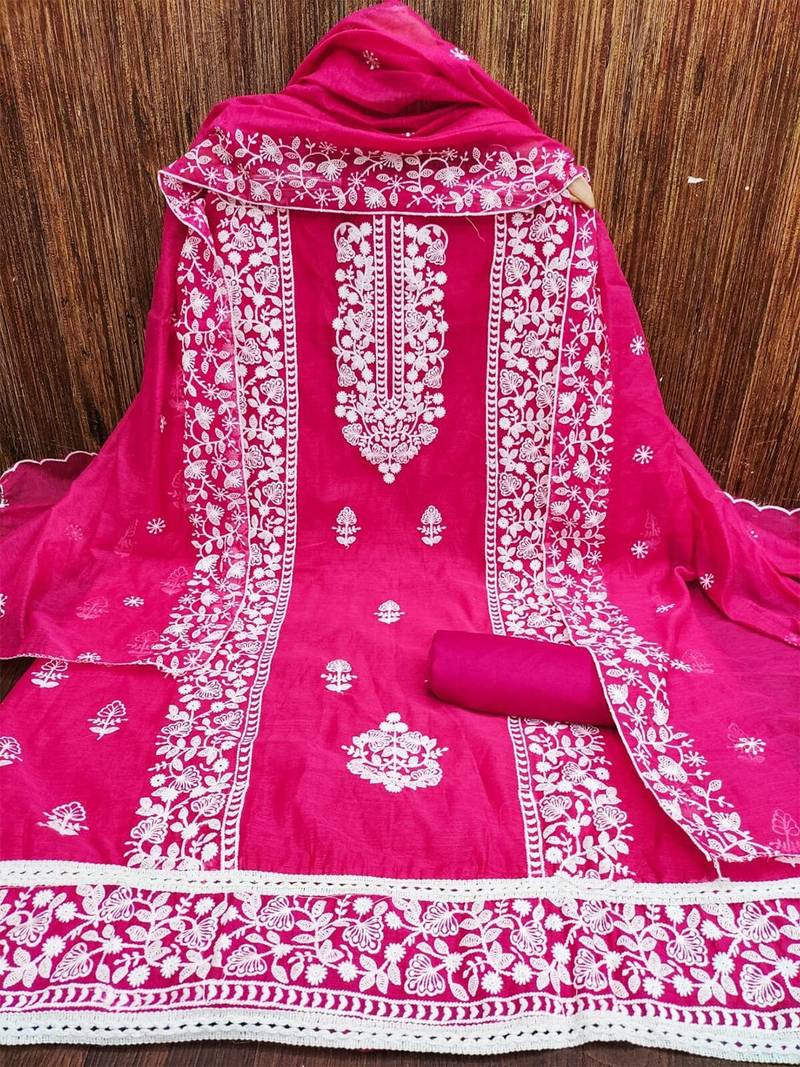 Embroidered Art Silk Unstitched Dress Material