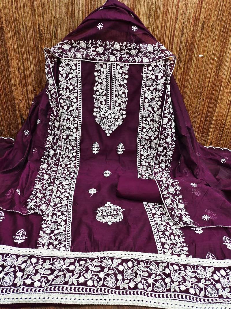 Embroidered Chanderi Silk Unstitched Dress Material