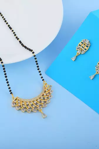 Lustrous sheen gold color american diamond mangalsutra crafted for wedding wear