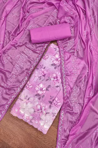 Floral Printed Sequinned Pure Cotton Unstitched Dress Material