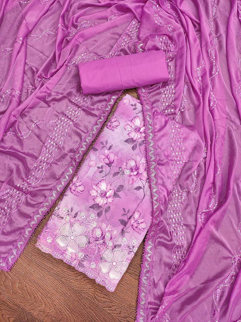 Floral Printed Sequinned Pure Cotton Unstitched Dress Material
