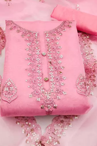 ethnic motifs embroidered organza unstitched dress material