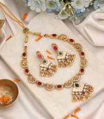 Dual tone maroon & green color matte gold necklace set with dangle earrings