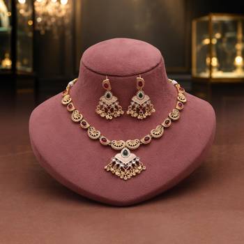 Dual tone maroon & green color matte gold necklace set with dangle earrings 2