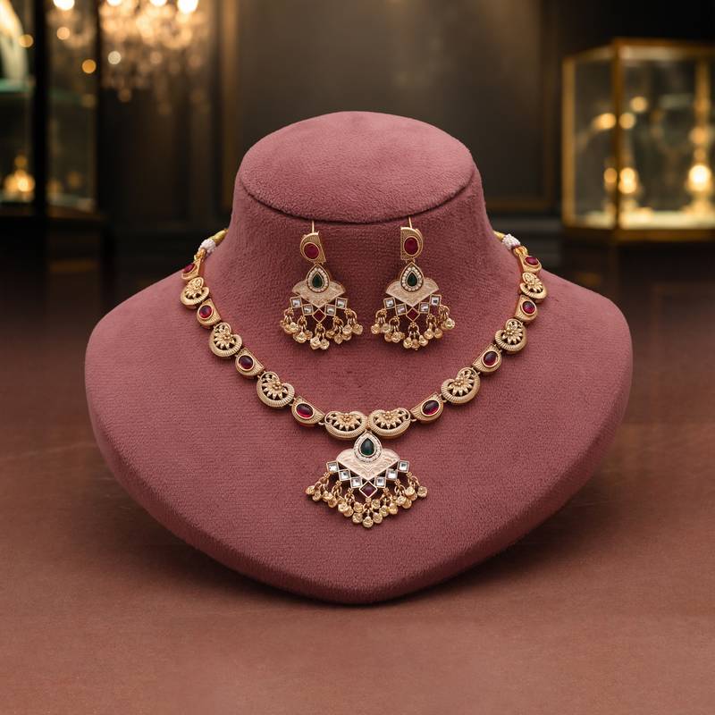Dual tone maroon & green color matte gold necklace set with dangle earrings