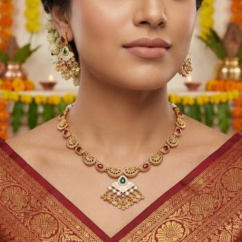 Dual tone maroon & green color matte gold necklace set with dangle earrings 3
