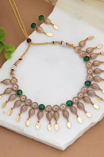 Traditional emerald green color matte gold necklace set with elegant dangle earrings