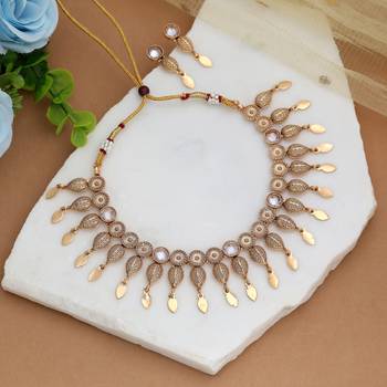 Classic pure white color matte gold necklace set with graceful dangle earrings 2