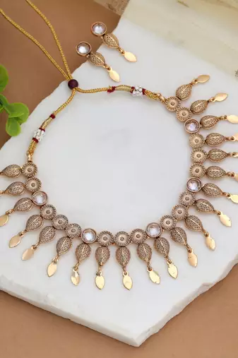 Classic pure white color matte gold necklace set with graceful dangle earrings
