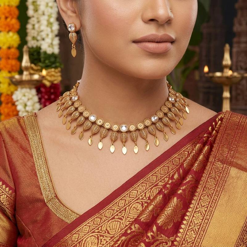 Classic pure white color matte gold necklace set with graceful dangle earrings