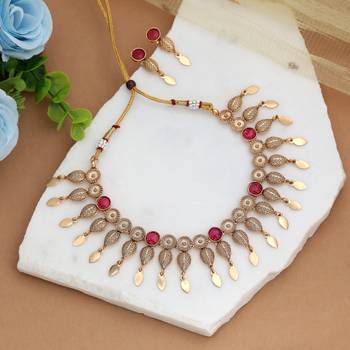 Pretty rose pink color matte gold necklace set featuring charming drop earrings 2