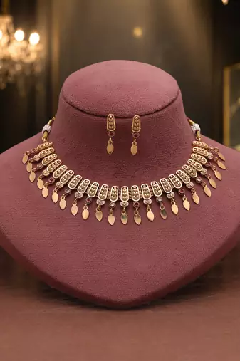 Lovely pink & white color matte gold necklace set featuring drop earrings