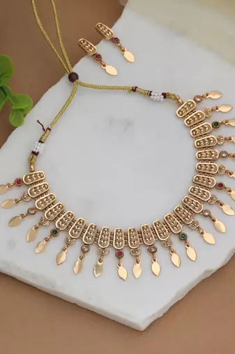 Vibrant festival multi color matte gold necklace set featuring stylish drop earrings