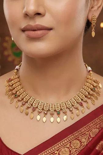 Vibrant festival multi color matte gold necklace set featuring stylish drop earrings