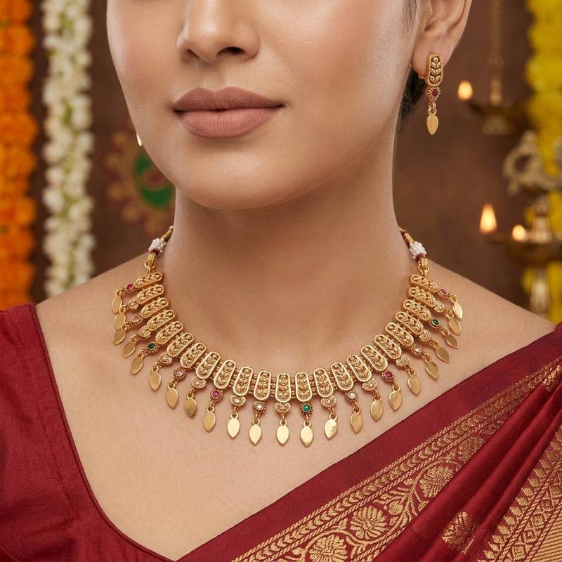 Vibrant festival multi color matte gold necklace set featuring stylish drop earrings
