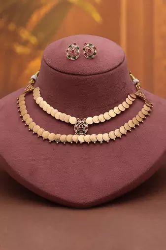 Playful rainbow multi color matte gold necklace set with matching stud earrings
