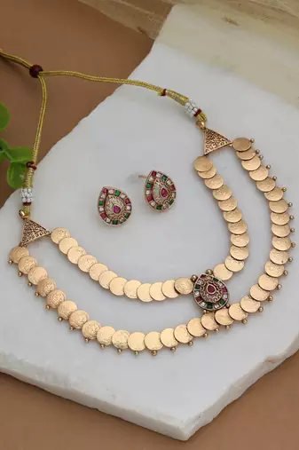 Playful rainbow multi color matte gold necklace set with matching stud earrings