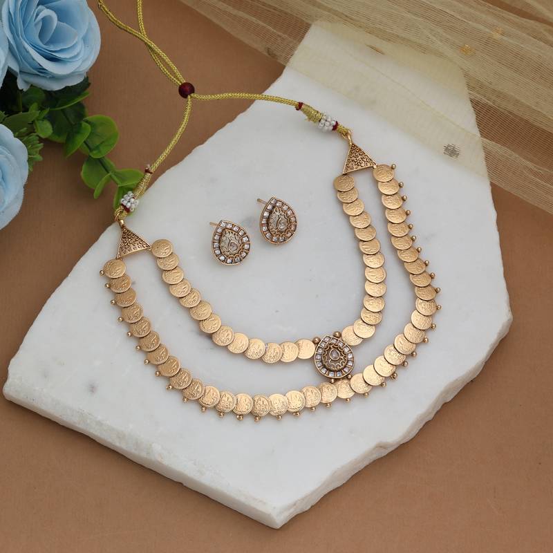 Timeless diamond white color matte gold necklace set with elegant stud earrings