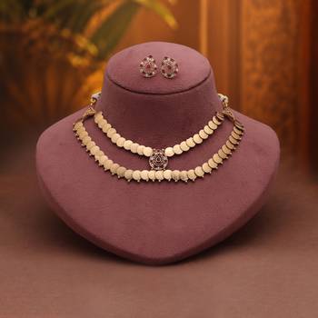 Delicate pink & white color matte gold necklace set with stud earrings 1