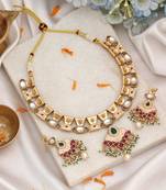 Festive hot pink & green color matte gold necklace set with dangle earrings
