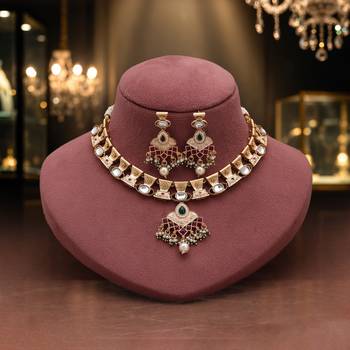 Festive hot pink & green color matte gold necklace set with dangle earrings 2