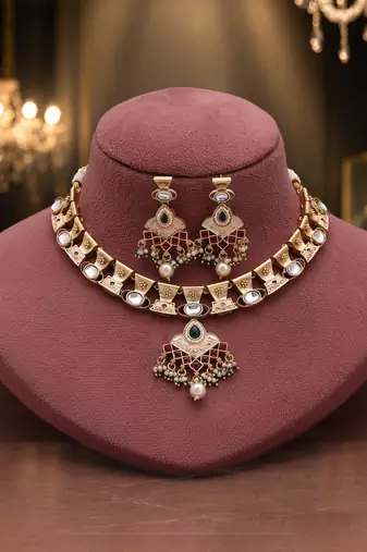 Festive hot pink & green color matte gold necklace set with dangle earrings