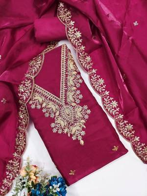 pink jimmychoo silk with sequence embroidery work unstitched dress material 2