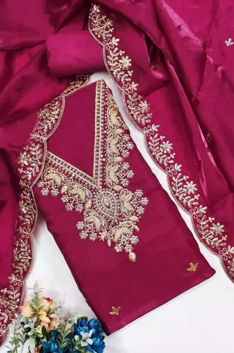 pink jimmychoo silk with sequence embroidery work unstitched dress material