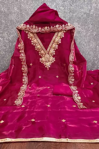 pink jimmychoo silk with sequence embroidery work unstitched dress material