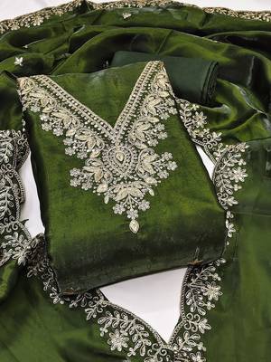 green jimmychoo silk with sequence embroidery work unstitched dress material 1