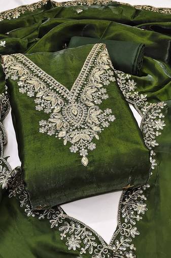 green jimmychoo silk with sequence embroidery work unstitched dress material