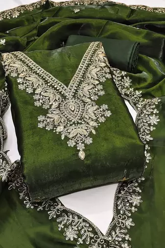 green jimmychoo silk with sequence embroidery work unstitched dress material